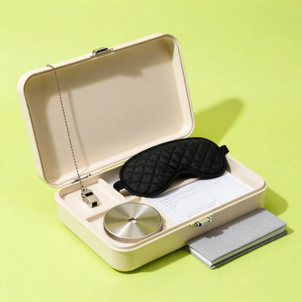 Concept render of The Expectation Machine: an open laboratory kit box holding a breathing tool, sleep mask, aluminum dial, protocol cards, and field notebook, on chartreuse