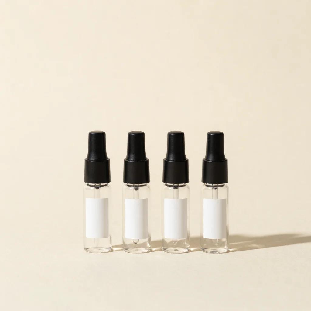 Concept render of the Expectation Set: four 2 ml glass atomizer vials with black spray caps in a row on cream paper