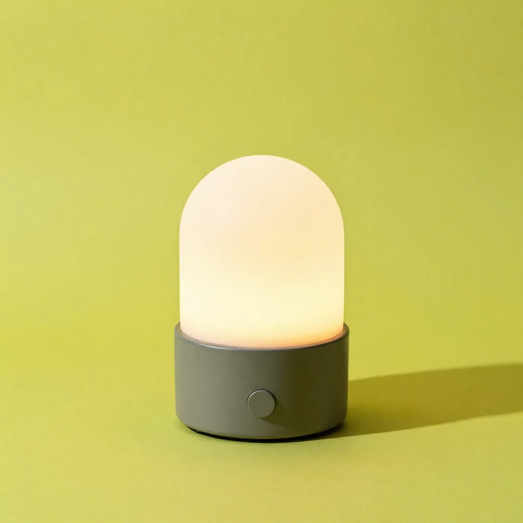 Concept render of Last Light: a dome-shaped bedside lamp glowing warm amber on a chartreuse backdrop