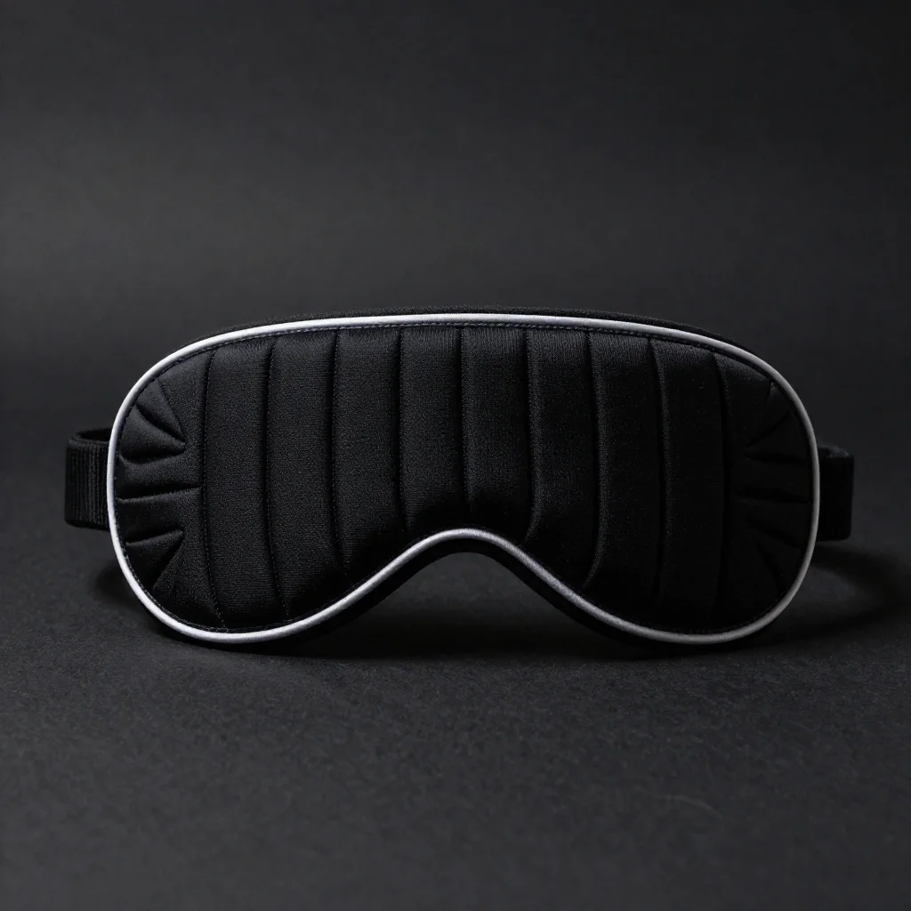 Concept render of Night Dose: a matte black weighted blackout sleep mask with quilted channels, on a near-black backdrop