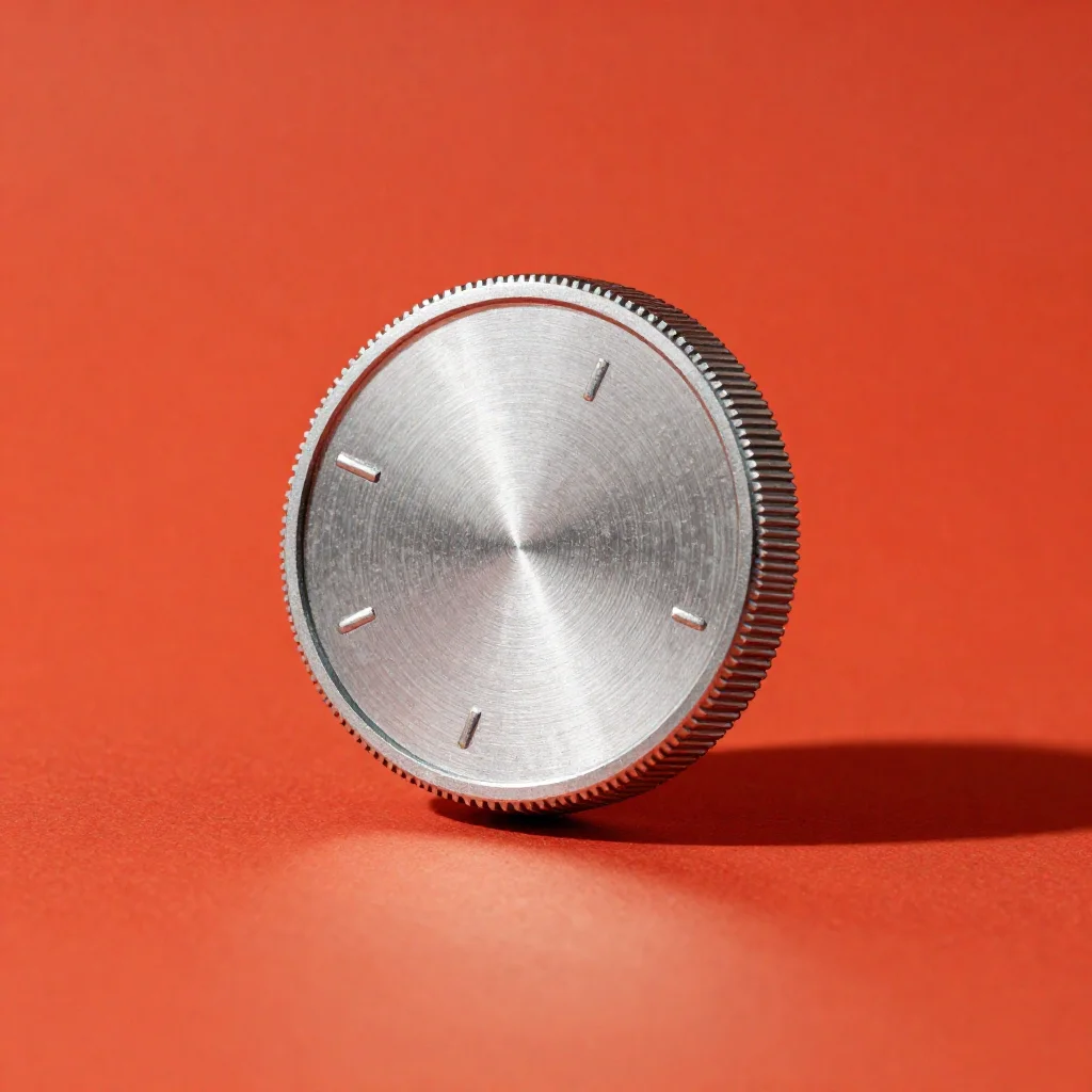 Concept render of The Dose: a bead-blasted aluminum dial with a knurled edge and four index marks, standing on edge on orange